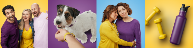 4 images stacked, the first one shows three friends hugging, then a dog eating a treat, continuing down there are two ladies hugging each other, and the final picture is of two yellow dumbbell weights and a purple water bottle.