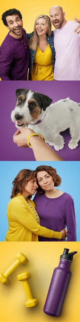 4 images stacked, the first one shows three friends hugging, then a dog eating a treat, continuing down there are two ladies hugging each other, and the final picture is of two yellow dumbbell weights and a purple water bottle.