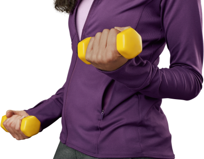 Someone lifting two yellow dumbbell weights while wearing a purple jacket with white text overlay that reads "your next steps".